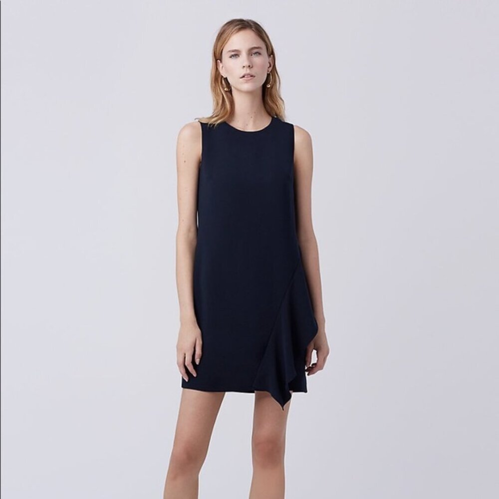Diane Von Furstenberg Wylda Sleeveless‎ Ruffle Mini Shift Dress Black Crepe 0